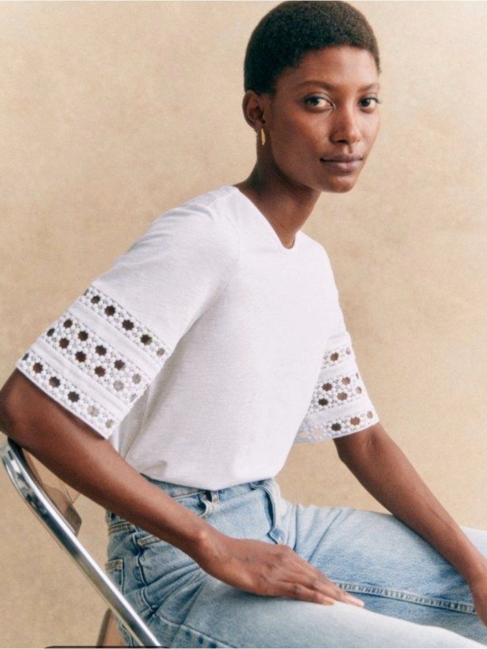 Sezane Hortense White Women's Crochet Sleeve Tee
